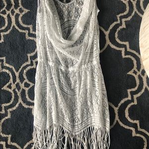 White scoop back fringe coverup